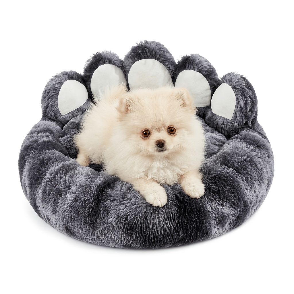 Large Dog Bed Warm Fluffy Paw Donut Bed for Pets, Anti-Anxiety & Plush, Washable, Gray Cozy Paw Shape Calming Pet Bed for Dogs & Cats, Plush Faux Fur Donut Cuddler Teddy Bear Dog Bed Donut Dog Bed Calming Dog Bed