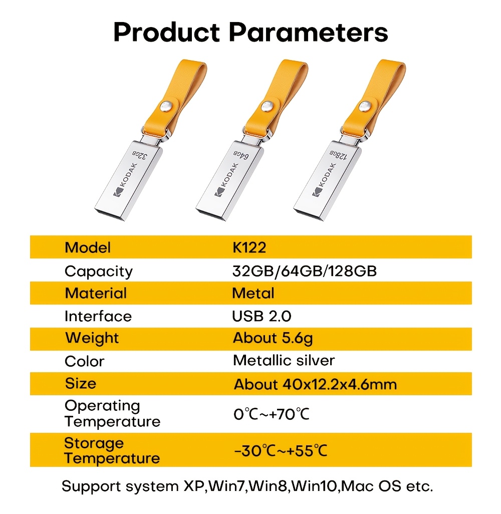 kodak k122 метална серија за носење usb флеш драјв 32gb 64gb 128gb - пренослив usb 2.0 флеш драјв со јамка за клучеви за работа патување лаптоп pc автомобил аудио, компактен метален мемориски стик за секојдневно складирање на датотеки Детали за производот 6