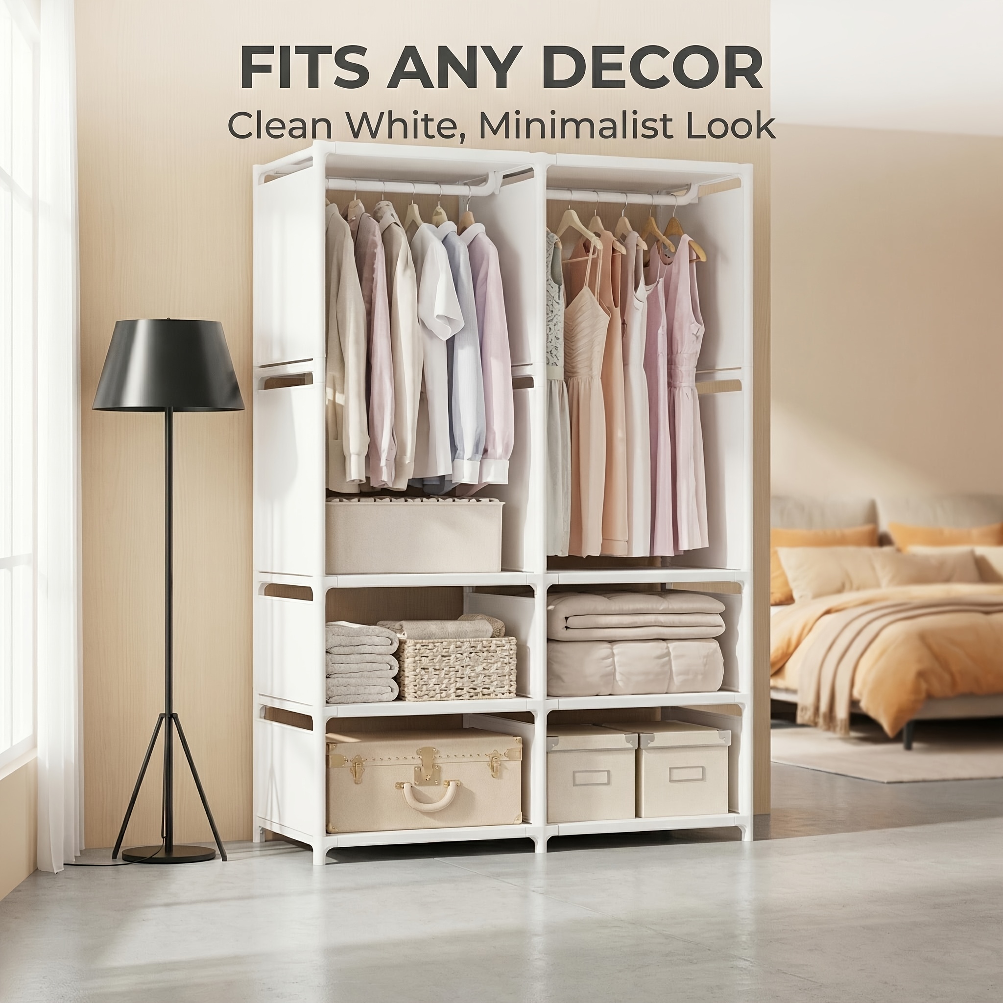 E-shop Tragbarer Kleiderschrank aus PP-Kunststoff, Weiß/Schwarz, 170cm×90cm×36cm, 2 Kleiderstangenbereiche, mehrschichtige Aufbewahrung, tragbare