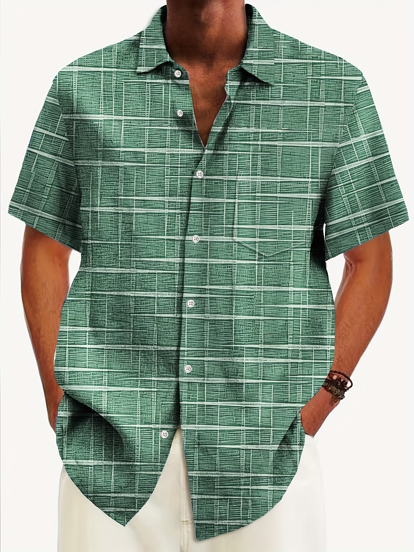 Retro Geometric Texture Print *'S Button-Pocket Short Sleeve Shirt
