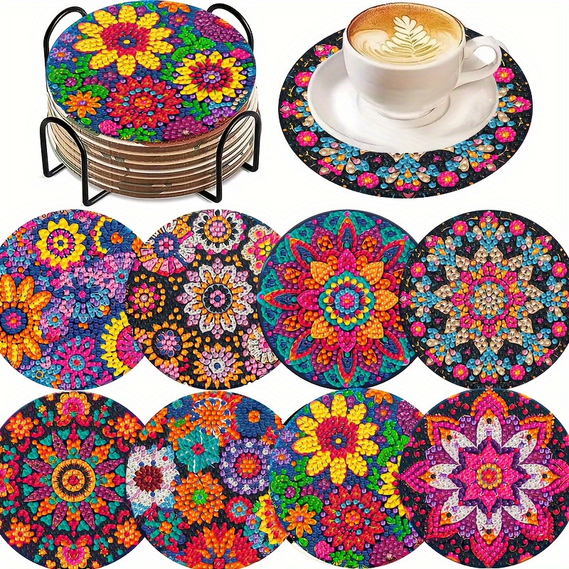 

8pcs Mandala Diamond Painting Coaster Set With Stand - Heat-resistant Wood, Diy Craft Kit For Home Decor