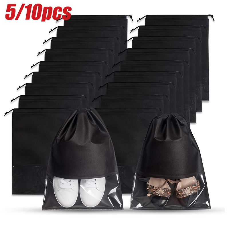 

5/10pcs Portable Travel Shoe Bags With Clear Window - Large, Dustproof Drawstring Storage Pouches For , 12.6" X 17.3", Black