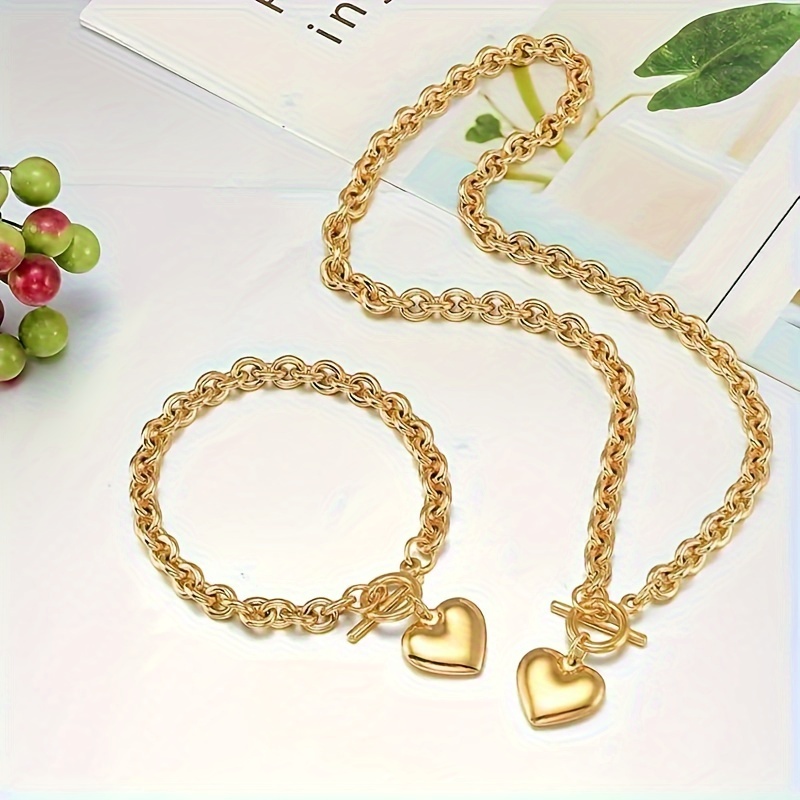 

Gold Plated Stainless Steel Necklace And Bracelet Set With Heart Pendants, Elegant And Cute Jewelry Gift Set For Girlfriend, Perfect For Valentine's Day And Birthday