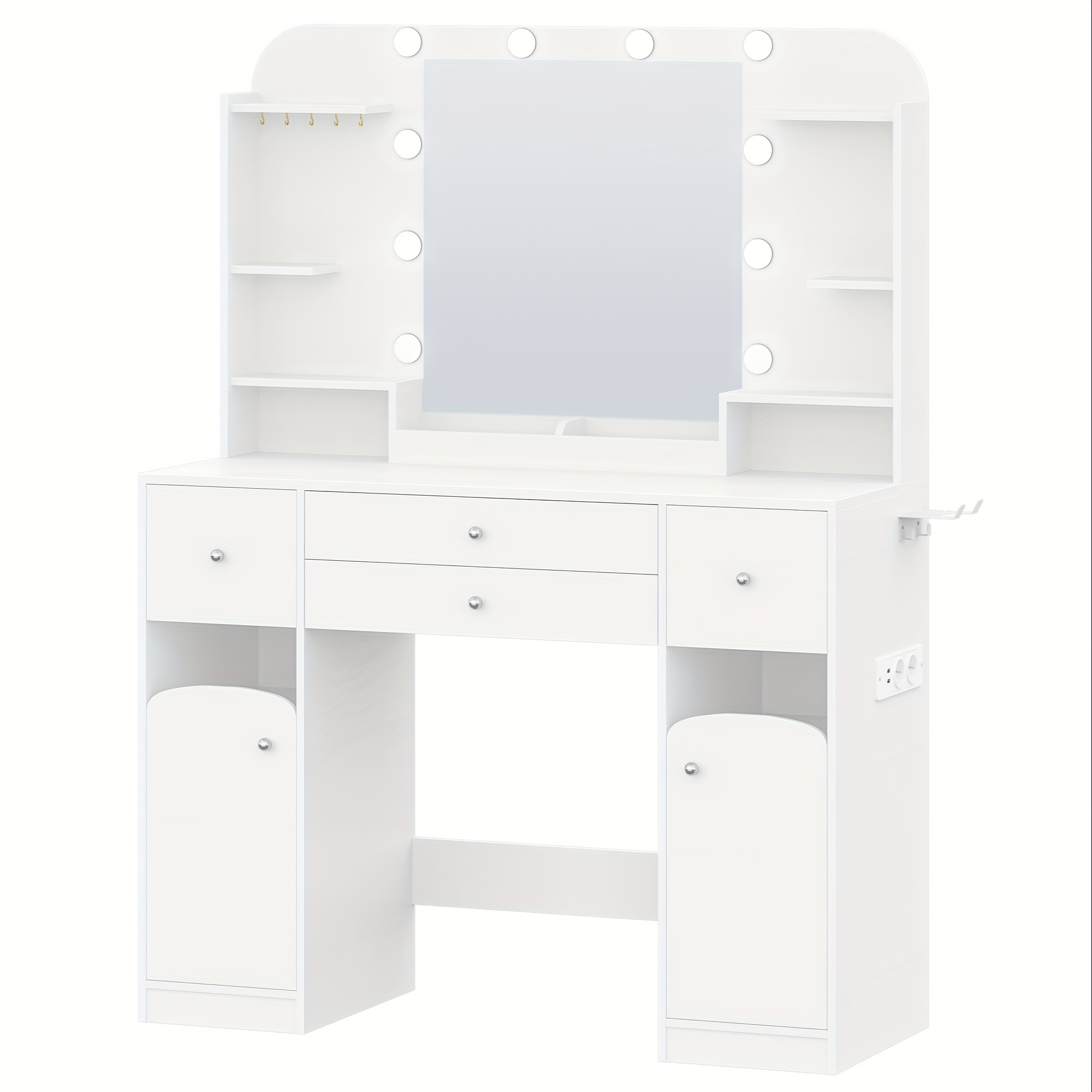 Image of Dressing Table With Led Lighting, With Plug And Hairdryer Holder, Large Tabletop 108cm, Dressing Table With 2 Large Drawers With Jewelry Tray, 2 Cabinets, 40 X 108 X 144cm, White