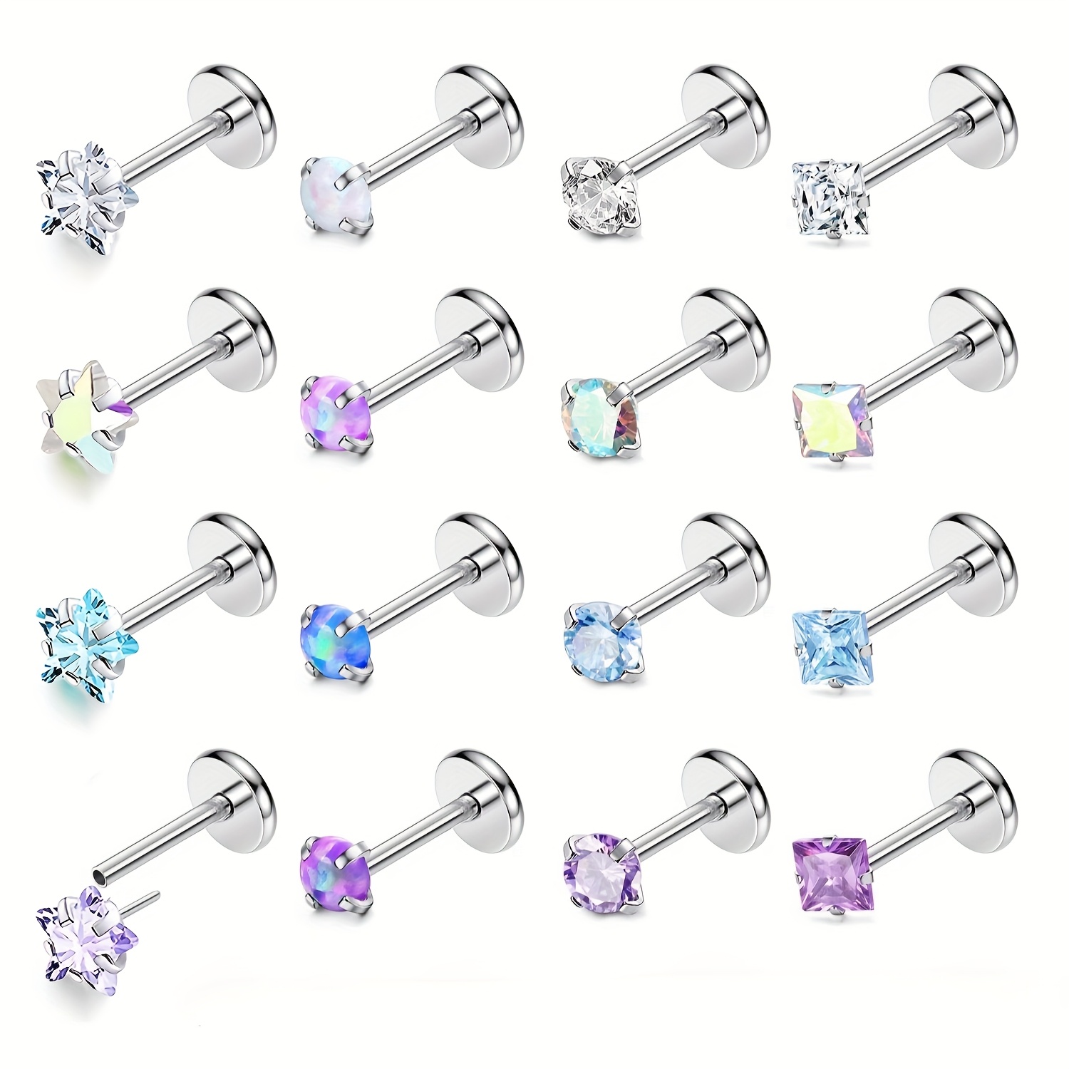 E-shop 2D Flat - 16-teiliges hypoallergenes 316L chirurgisches Stahl Nasenflach- und Körperpiercing-Schmuck für Frauen und Männer, fadenloser Nasenring