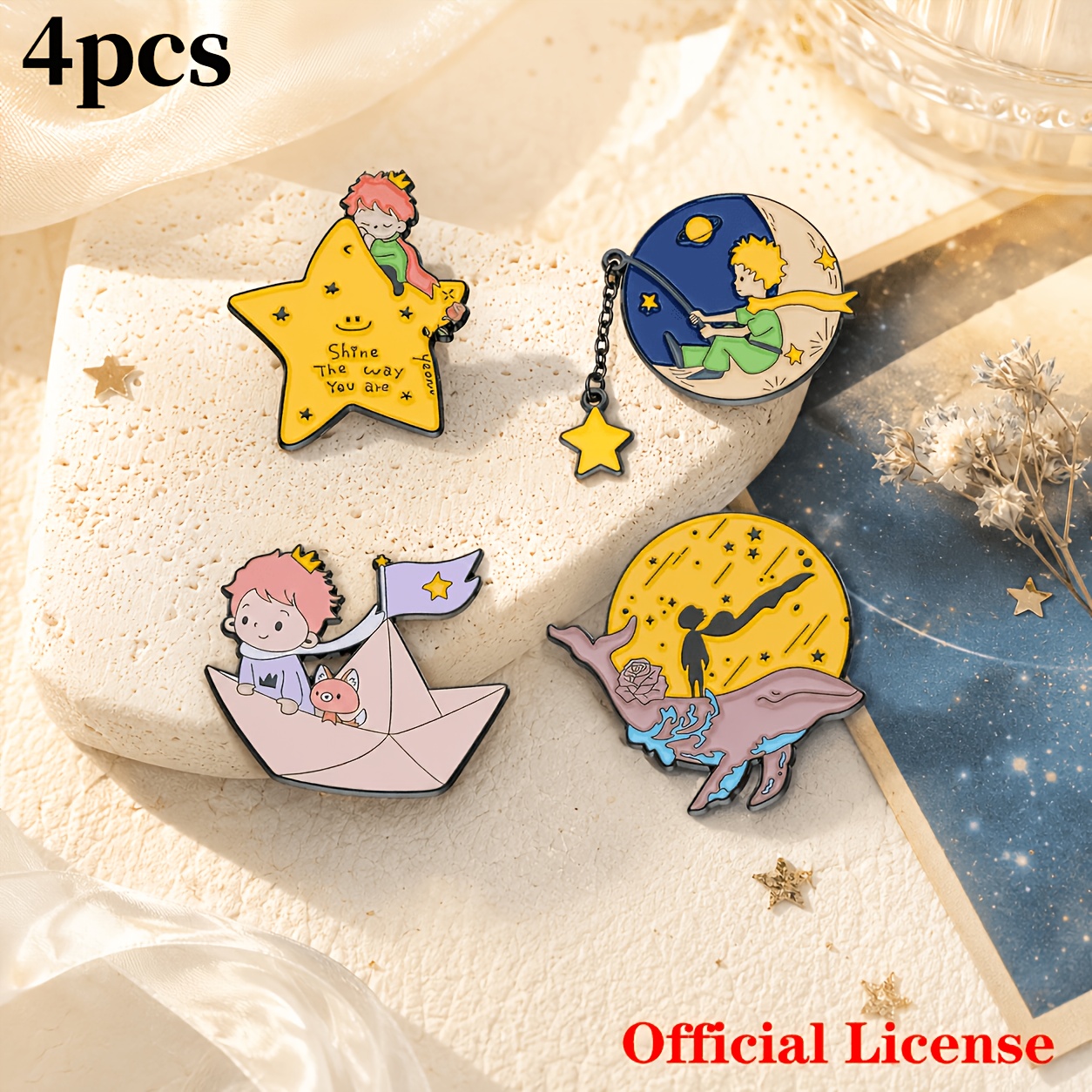 TEMU Little Prince 4pcs Exquisite Vintage Metal Brooch Pins Star Moon Paper Boat Fox Rose Cute Enamel Badge Bag Accessory Romantic Birthday Gift