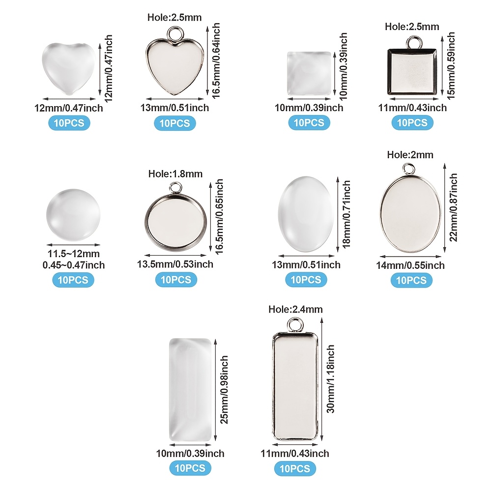 TEMU Kit de fabrication de pendentifs vierges à soi-, 50 ensembles/boîte, incluant supports pour cabochons en acier inoxydable 304 de cœur, carré, et
