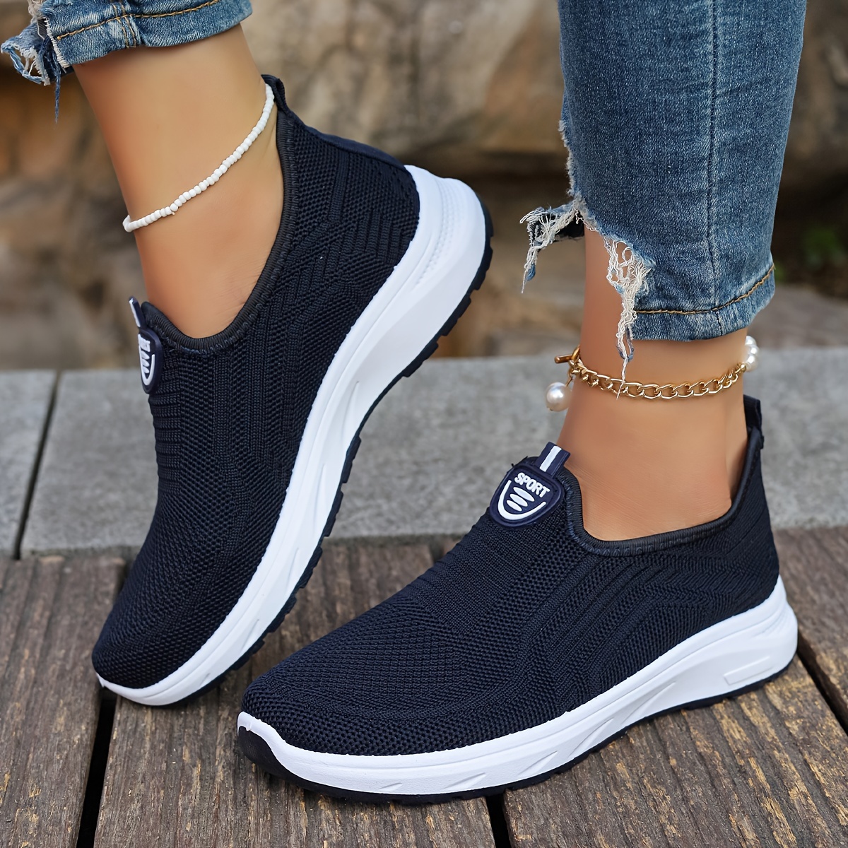 

Women's Solid Color Knitted Sneakers, Soft Sole Platform Walking Slip On Shoes, Breathable Low-top Trainers