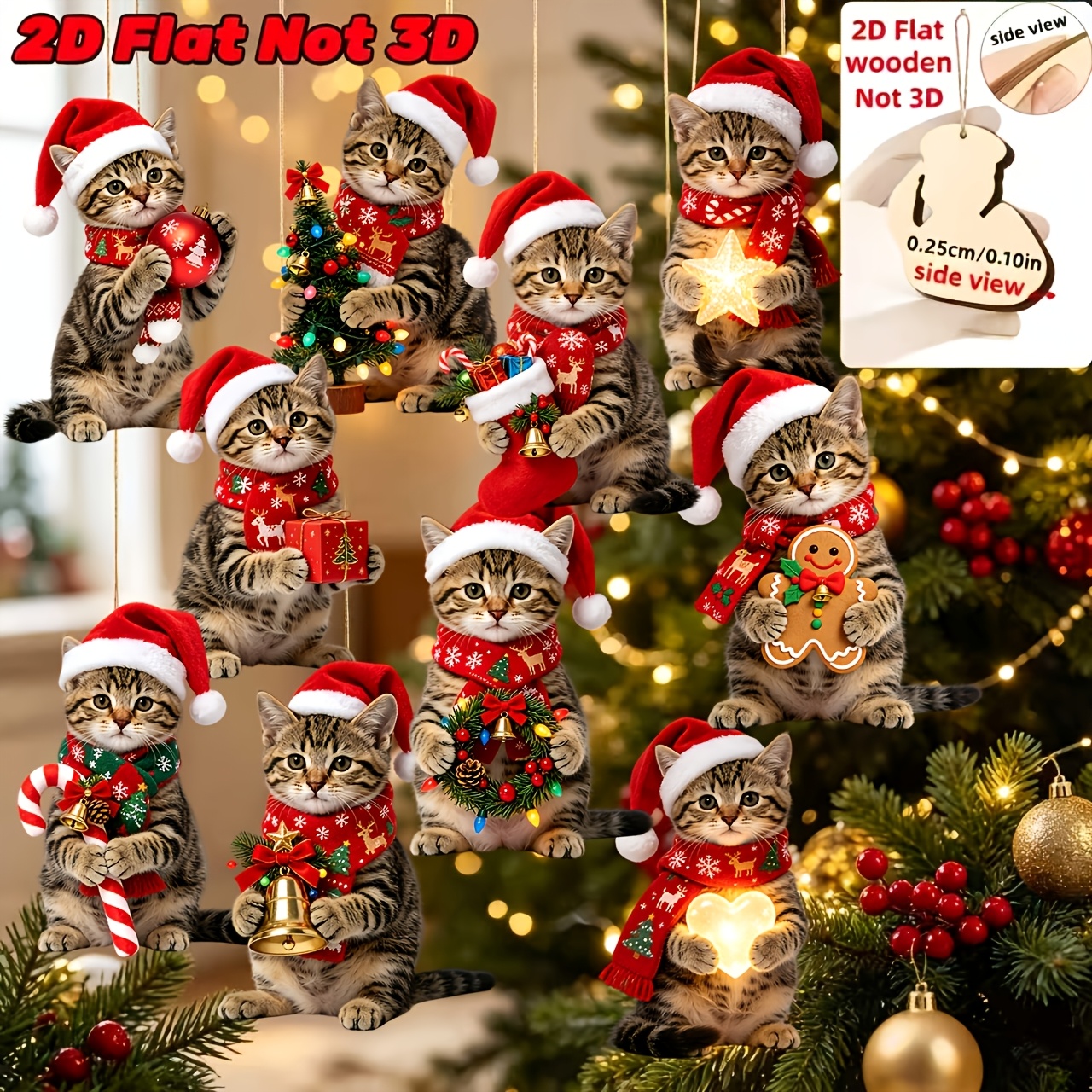 TEMU 2d Flat, 2d Flat - Set Of 10 Cute Wooden Ornaments In Christmas Outfits - 2d Flat, Kittens Wearing Different Christmas Costumes Holding Unique