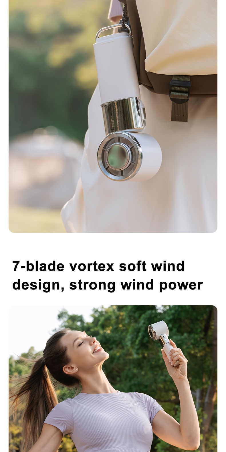 Handheld neck fan with a 130-degree adjustable head, built-in cooling pad on the fan surface for rapid temperature reduction, supports up to 10W fast charging via large 6000mAh battery, includes creative retractable lanyard and buckle strap