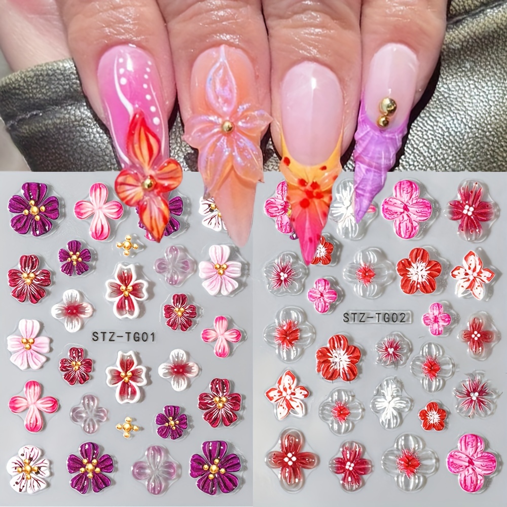 

2pcs Orchid 5d Embossed Nail Art Stickers - Self-adhesive, Transparent Decals For Manicure & Pedicure