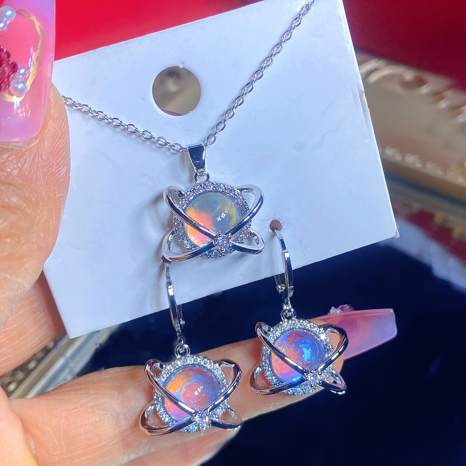 3pcs Dreamy Planet Starry Sky Necklace and Earrings Set