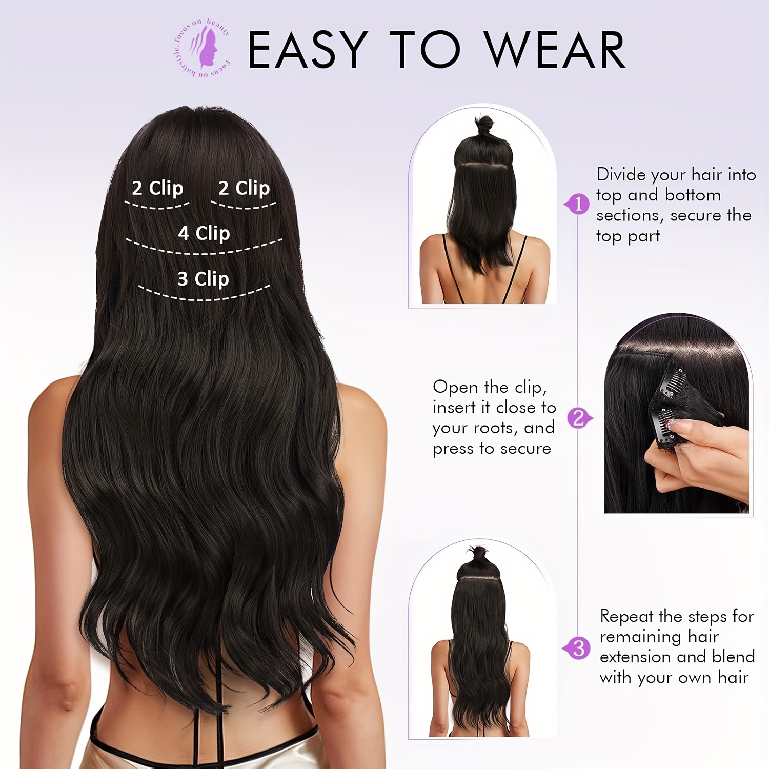 4pcs womens clip in hair extensions 50cm long wavy synthetic hair in natural black and brown soft high temperature fiber for everyday and party use party hair accessories elegant hairpiece secure clip attachment details 4