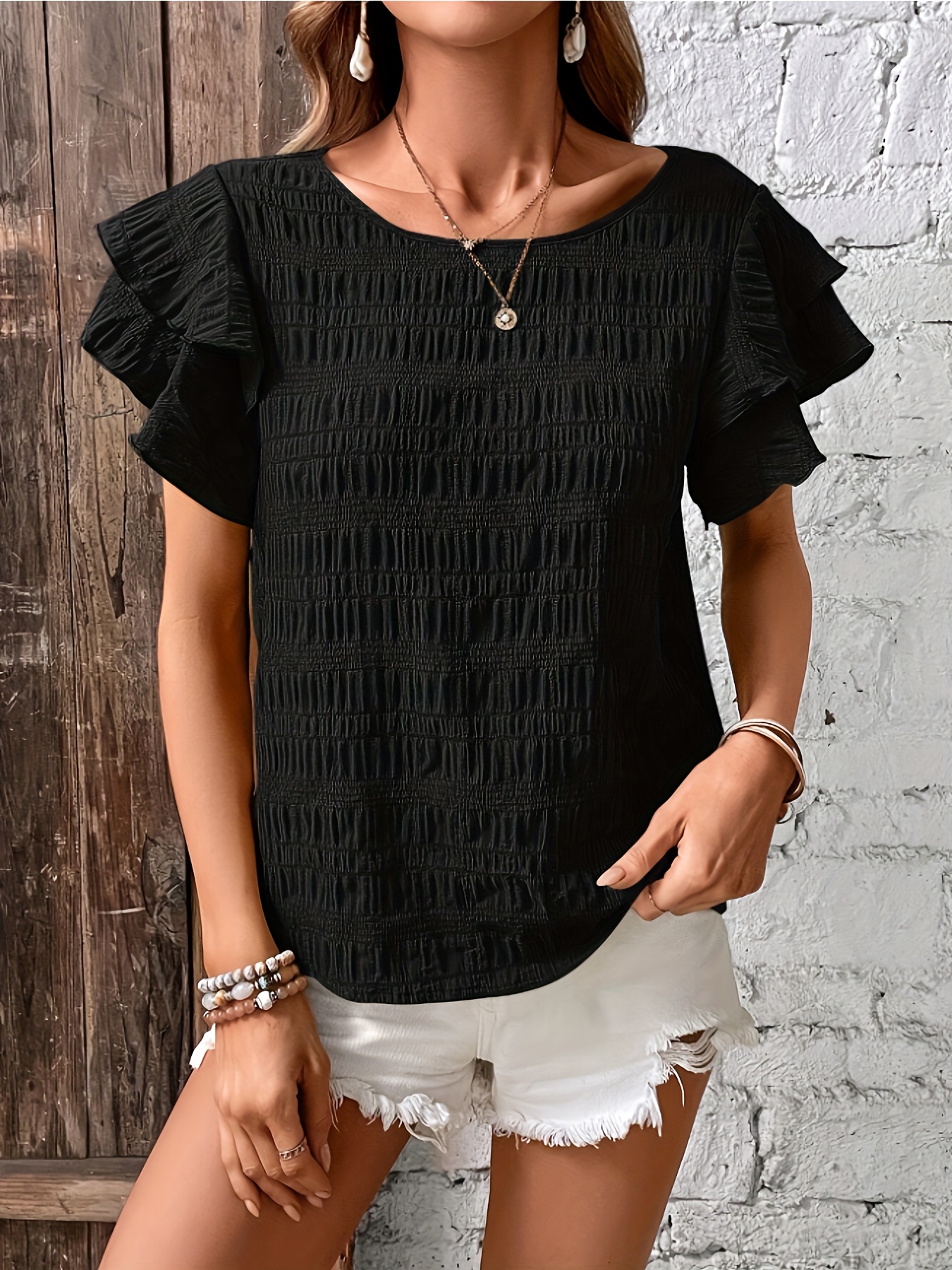 Black Lace Trim Frill Scoop Neck T-Shirt