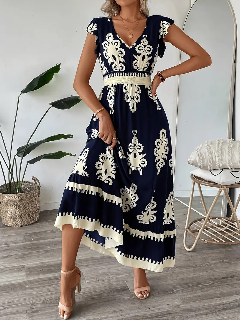 elegant v neck floral print maxi dress women navy blue white - Temu Spain elegant v neck floral print maxi dress women navy blue white - Temu Spain