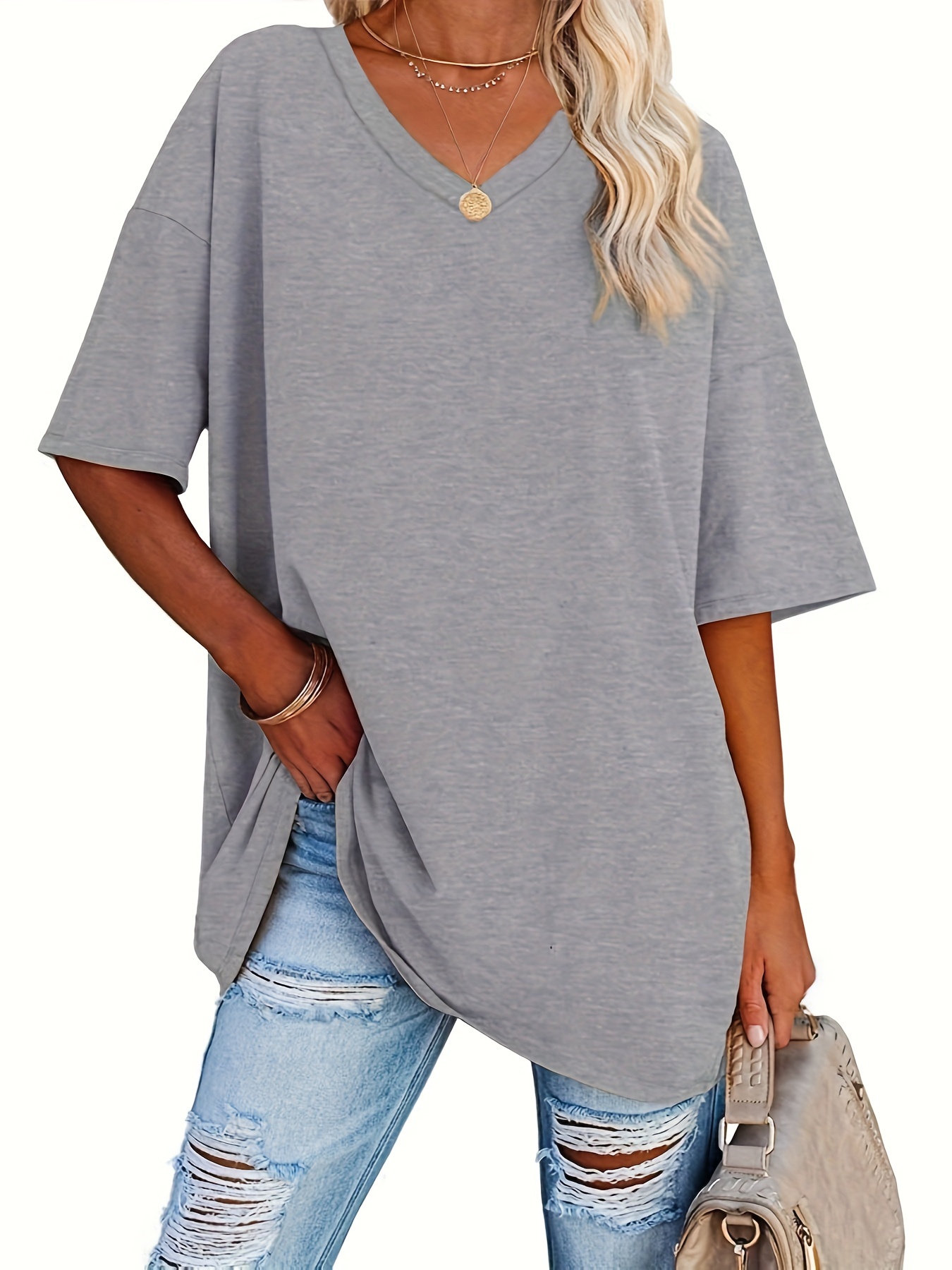 Women's Loose-Fit V-Neck Half-Sleeve Blouse - Soft Stretch, Solid Color, Spring/Summer Casual & Formal Wear, Elegant & Breathable, Transitional Weather Clothing, Middle Eastern Style, Comfortable Fit, Stretchy Fabric Top