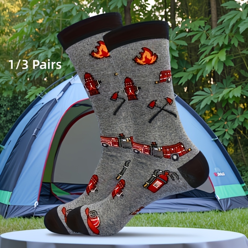 Image of 1/3 Pairs Of Autumn And Winter Christmas Grey Cartoon Fire-fighting Equipment Pattern Long Socks, Suitable For Indoor And Outdoor Wear Socks With Fashion Trends.