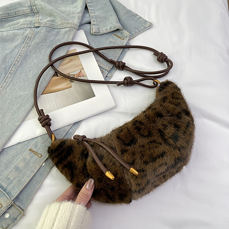 

Plush Leopard Print Small Bag Women' 2024 Autumn And Winter New Single Shoulder Bag Retro Fuzzy Texture Horn Bag Ins Trendy Dumpling Bag