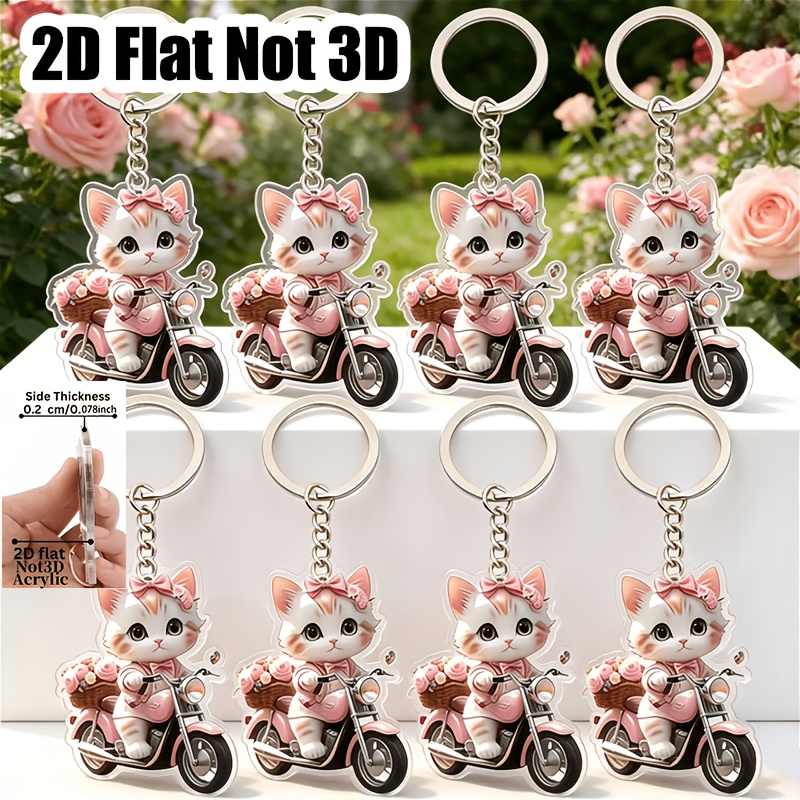 TEMU 2d Flat, 2d 8pcs Kitten Keychain Set, Cute Motorcycle Cat Keychain Pendant, Ragdoll Cat Charm, Unisex, Couple's Keychain, Car Keychain, Shoulder