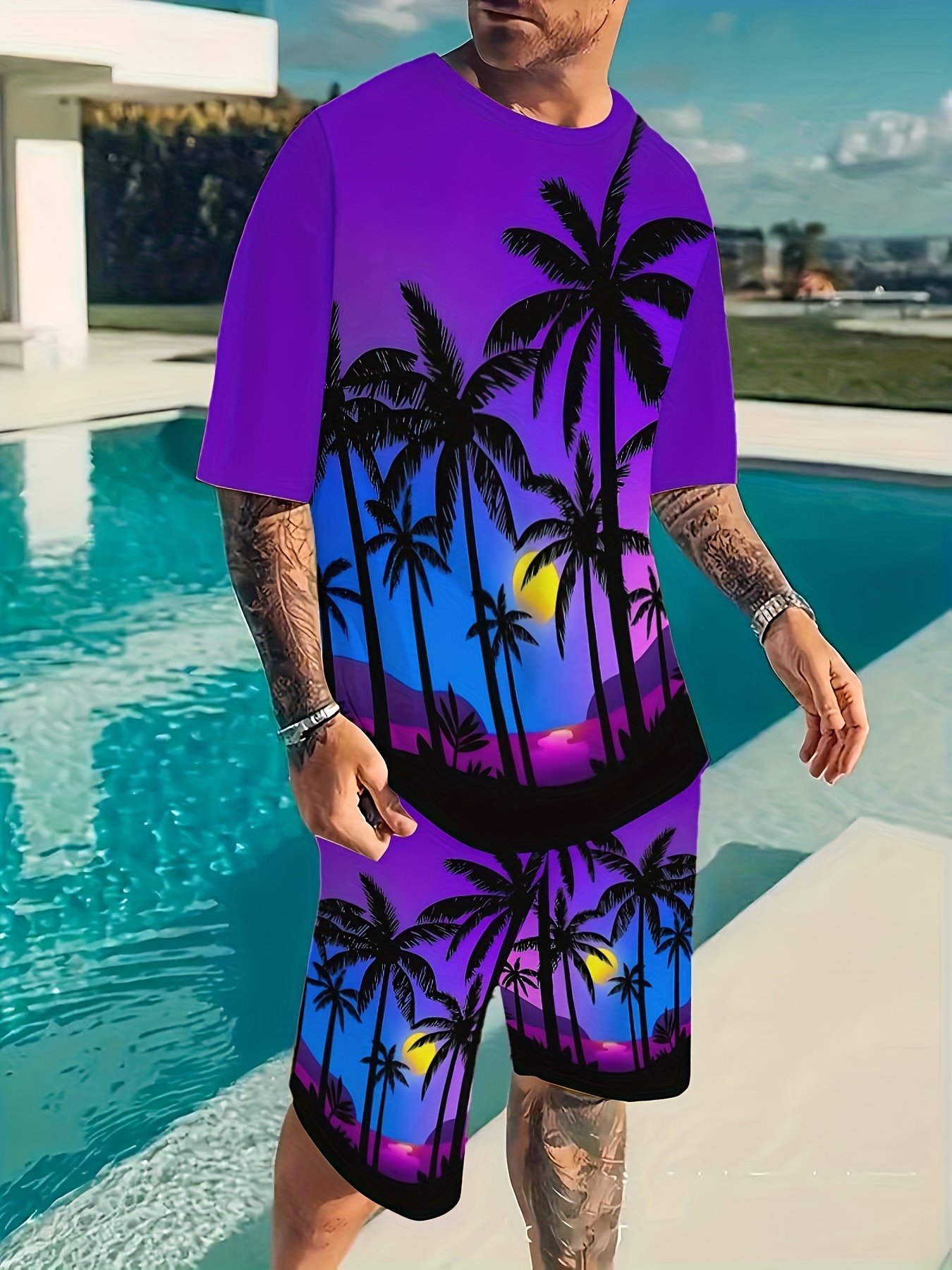 mens summer beachwear set purple palm tree print t shirt Temu