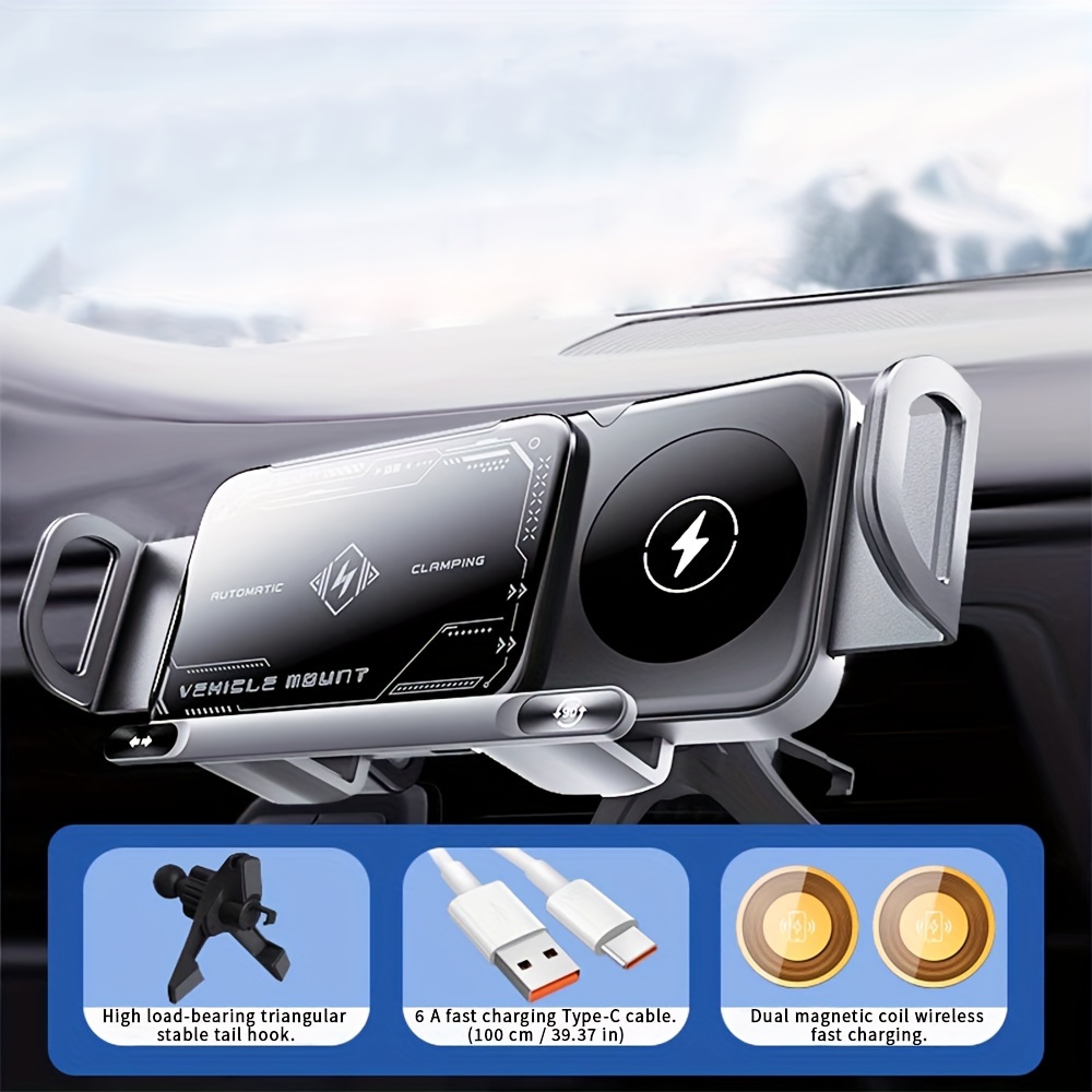 TEMU A Car Mount Holder For Folding Screen Phones That Supports Wireless Fast Charging, Featuring 15w Dual Coils, Automatic Clamping, And 90°