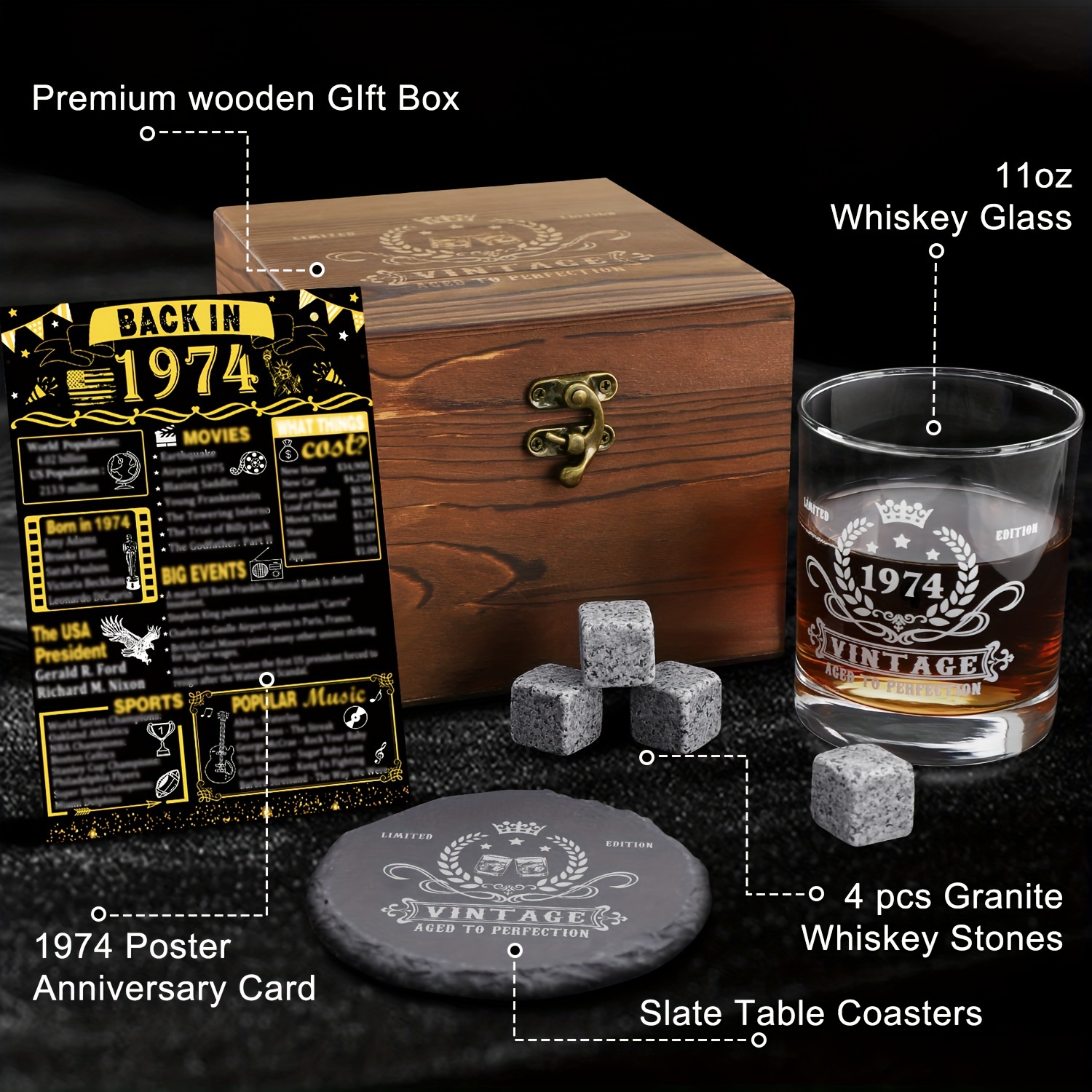 50th Birthday Gifts Men Vintage Whiskey Glass Set 1974 - Temu
