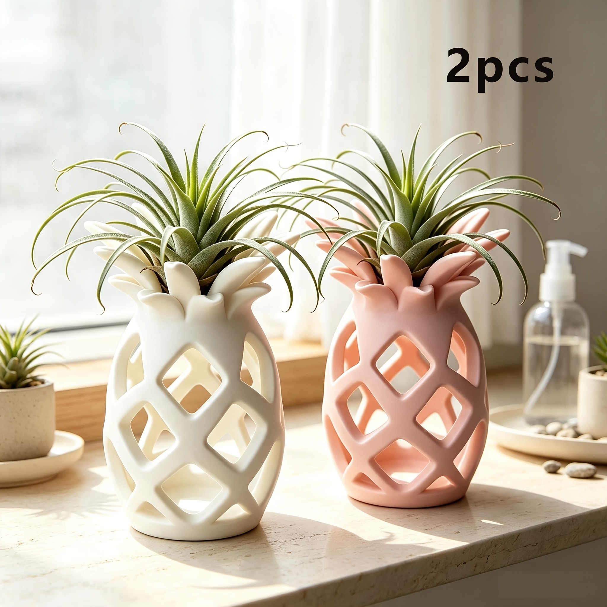 TEMU 2pcs Cute Pineapple Shaped Air Plant Holder, Hollow Out Pineapple Planter Pot, Decorative Container For Air Plants, Desktop Windowsill Home