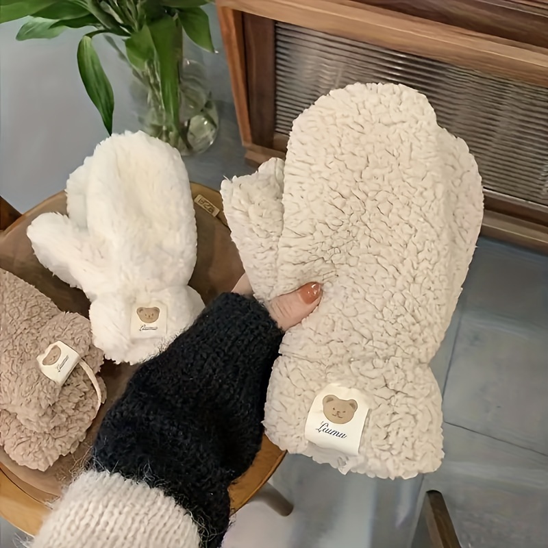 Winter Fleece Mittens with Hanging Cord, Plush Lamb Lined Warm Gloves, Windproof Thermal Thickened for Outdoor Cycling and Going Out - Hand Washable Woven Craftsmanship, Elastic Fit details 5