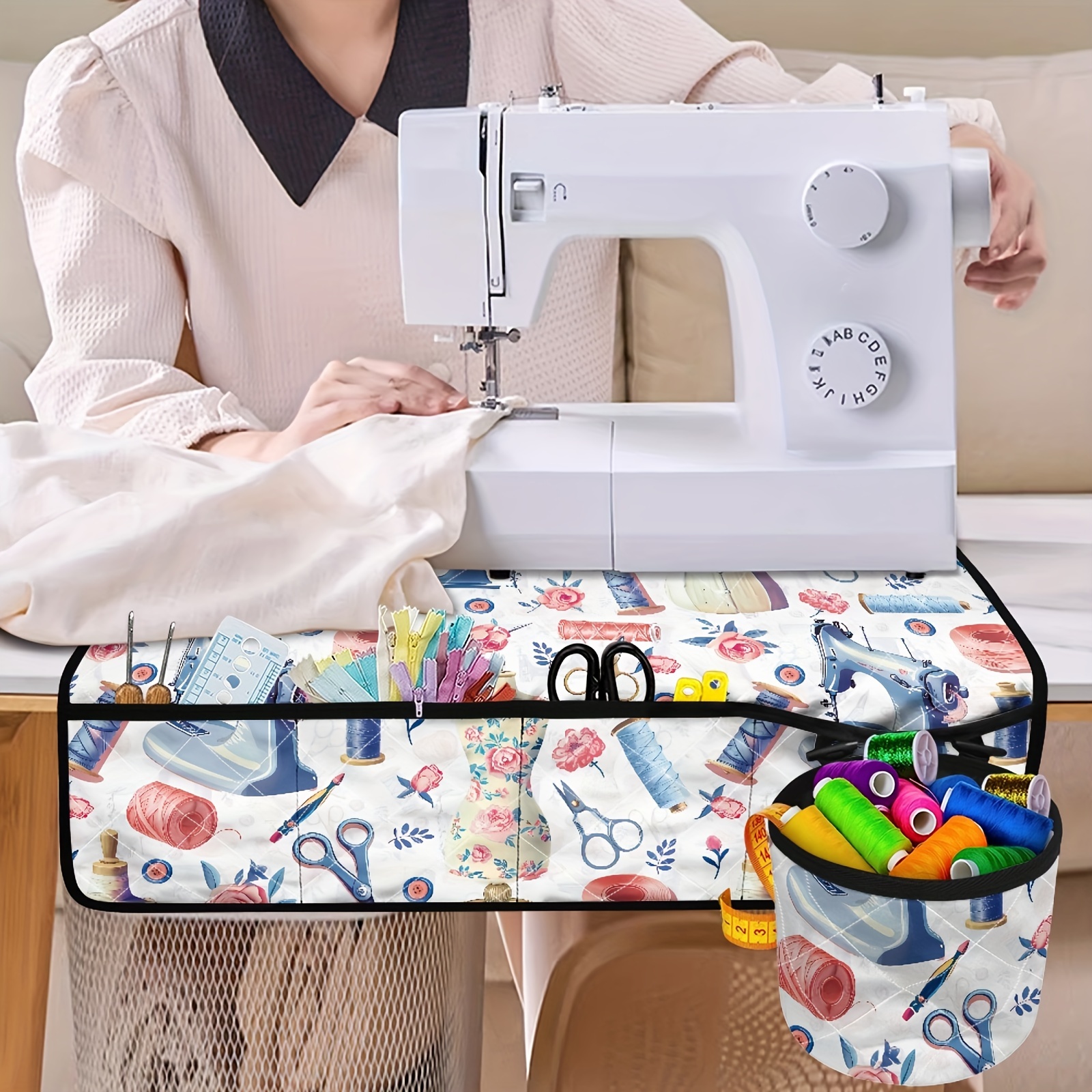 

1pc Sewing Machine Mat With Storage Pockets And Cylinder, Washable Polyester, Cartoon Sewing Pattern, Dust-proof Protective Pad For Sewing Supplies And Accessories