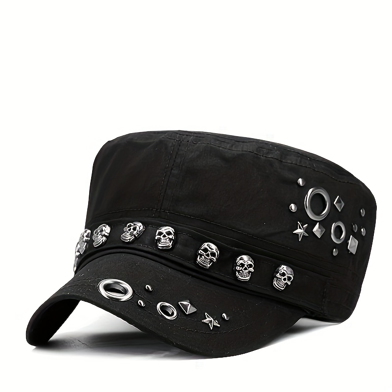 TEMU Skull Rivet Fashion Flat - Stretch Cotton, Lightweight Sun Protection   For & Vintage Style