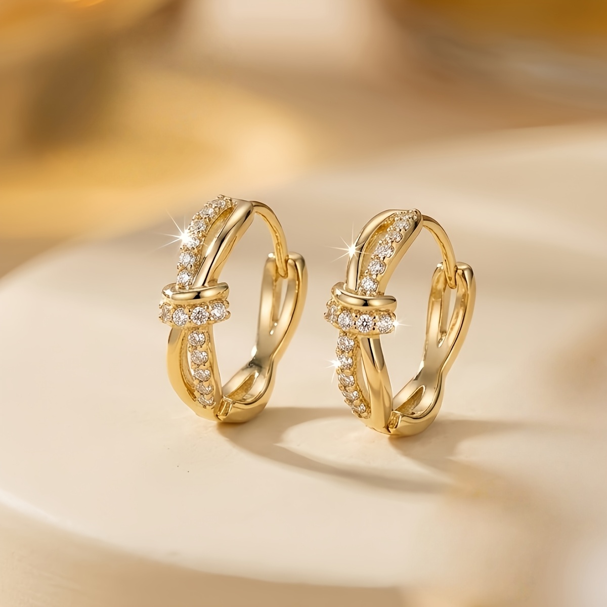TEMU 1 Pair Of Knotted Copper Hoop Earrings, With Sparkling Synthetic Zircons, Suitable For Women' Leisure And Gift- Occasions