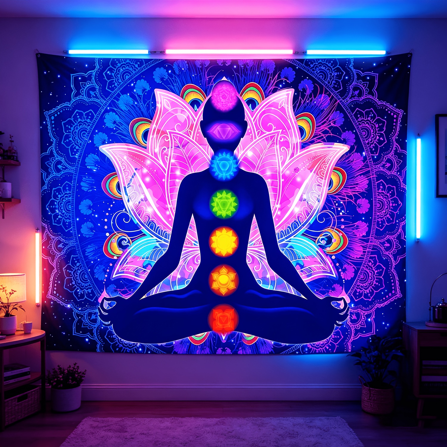 Uv blacklight reactief zeven chakra mandala wandkleed voor huis_voghion.com
