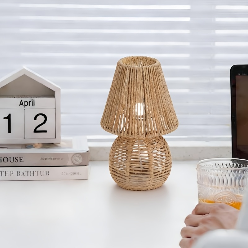 Creative Handmade Paper Rope Small Table Lamp, Modern Bedside Nightstand Lamp, Bedroom Living Room Small Table Lamp, Side Table Paper Rope Aesthetic Vintage Lamp with Three-Color Temperature Settings