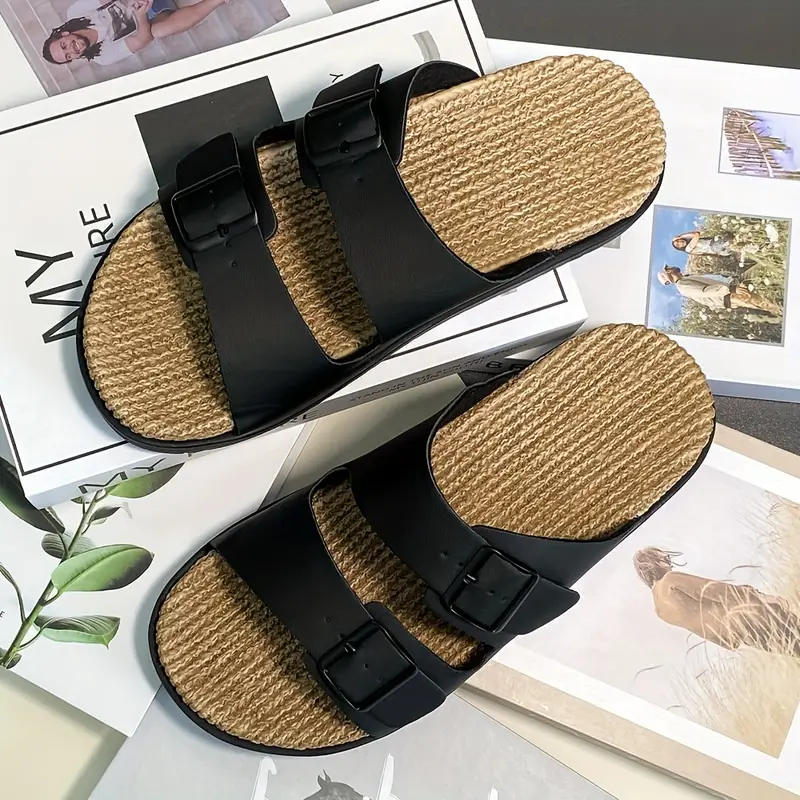 mens vintage solid color open toe breathable slippers comfy non slip casual double straps slides mens footwear details 9