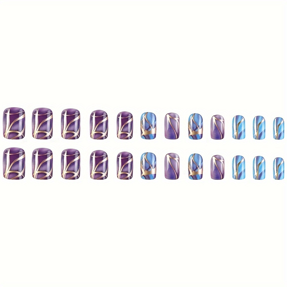 Gradient Blue Purple Square Short Press-on Nails With Gold Accents ...