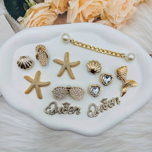 12pcs elegant glasses fishtail artificial shell three dimensional shoe charms diy pendants slippers crocodile shoes beach bag decorations detachable shoe accessories party gift for