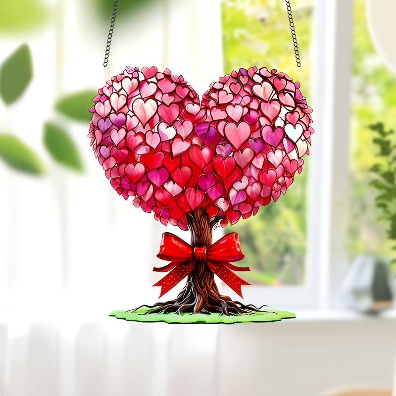 

Valentine's Day Suncatcher, 7"x8" Hanging Ornament, , With Colorful Hearts & Bow, For Valentine's Day, Weddings & Holidays, Indoor/outdoor Decor