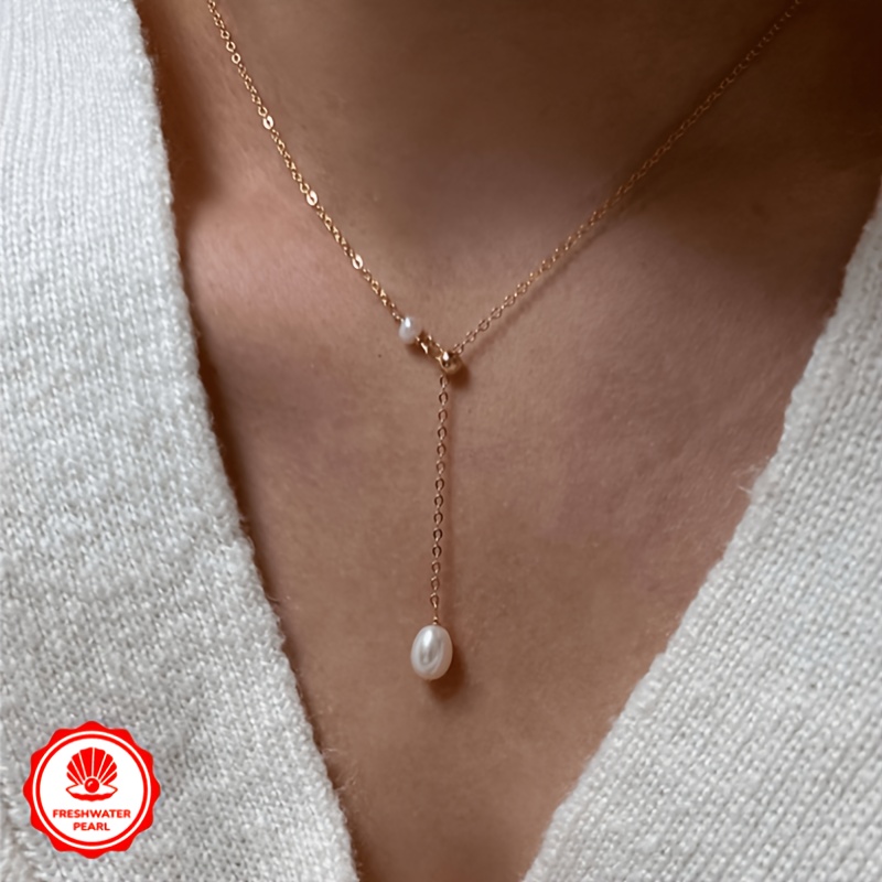 Elegant Freshwater Pearl Y Drop Choker Necklace, Adjustable Chain