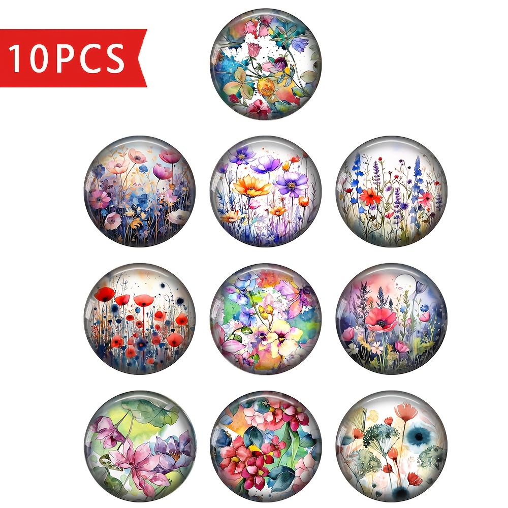 Image of 2d Flat - Spring Watercolor Beautiful Flowers Art Paintings 12mm/20mm/25mm Round Photo Glass Cabochon Demo Flat Back Making Findings