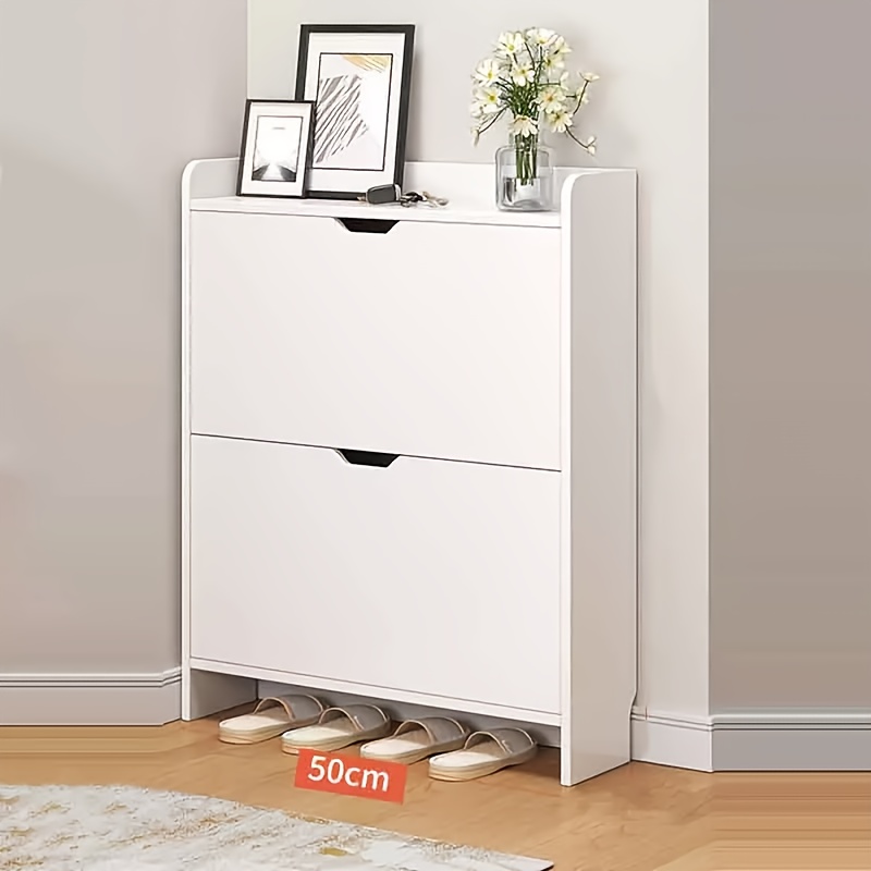 modern 2 tier wooden shoe cabinet with flip drawers   bucket compact storage organizer for bedroom living room or entryway entryway organizer sleek white cabinet freestanding unit shoe storage organizer