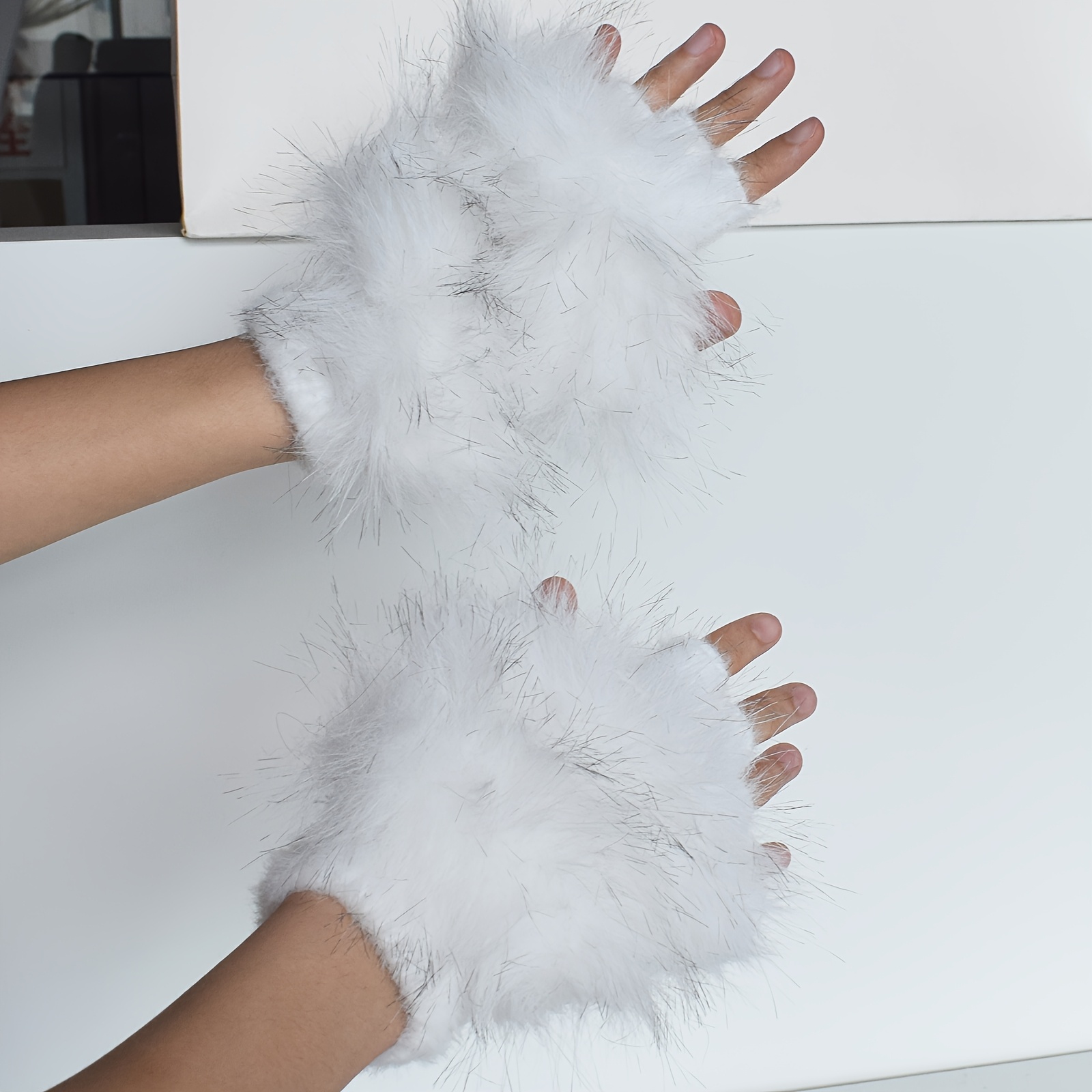 TEMU Fingerless Gloves Suitable For & Cosplay Costumes - Soft Fluffy Cuff Half-finger Gloves With Elastic Wrist For Role-play, Anime , Dress-up (hand