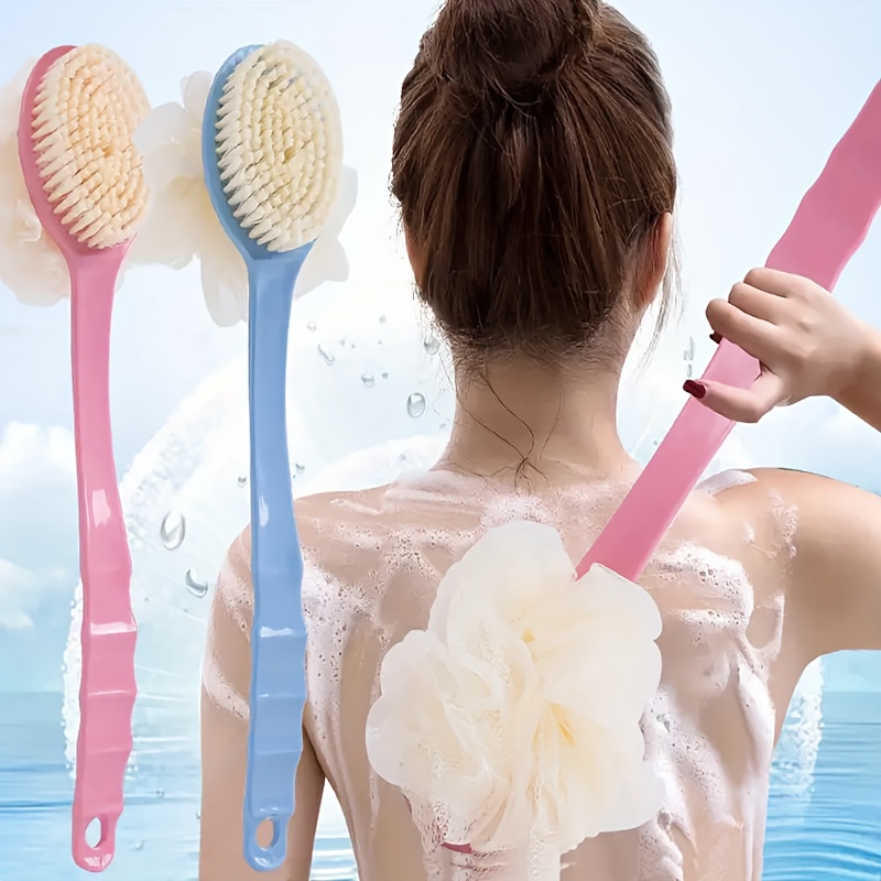 

Ergonomic Long Handle Bath Brush With Soft Loofah & Nylon - Gentle Exfoliation For Body, Face & Spa Treatments - Hypoallergenic, Pvc/nylon Material - In Pink, Blue, Yellow