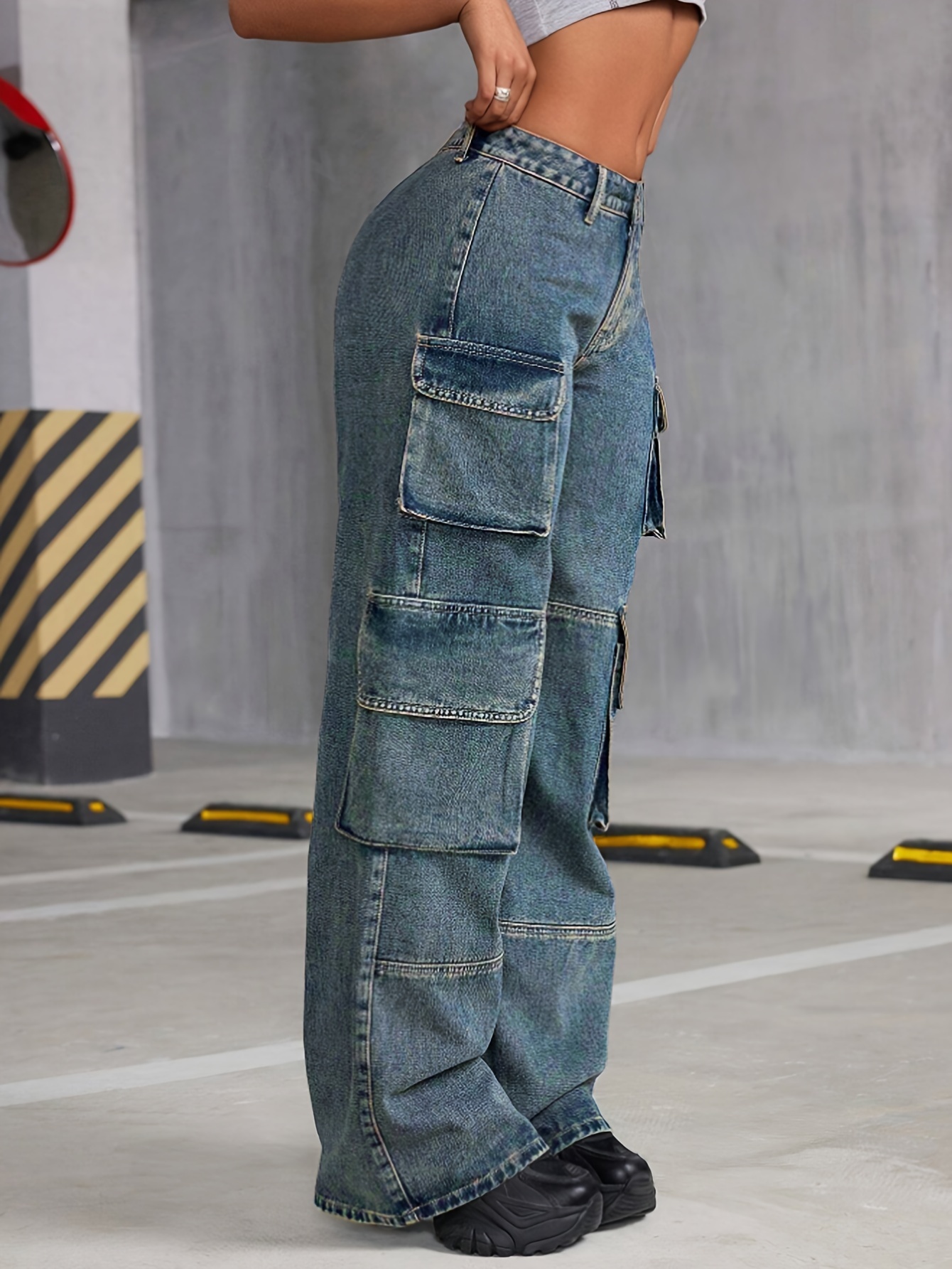 1pc Y2K Inspired Women'S Casual Denim Cargo Pants with Multiple Flap Pockets, Vintage Wash, Non-Stretch Fabric, Solid Pattern, Suitable for All Seasons