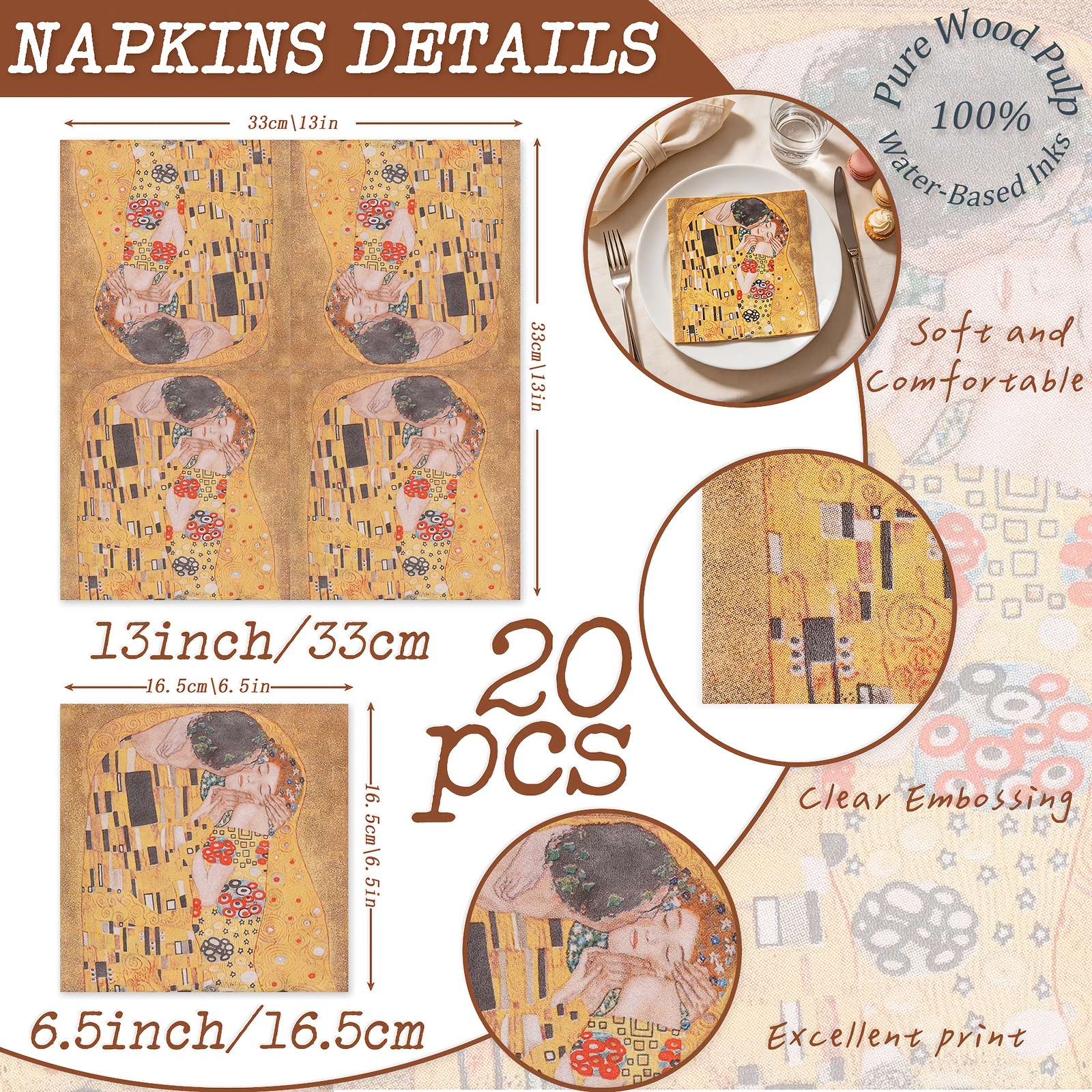 TEMU 20pcs Gustav Klimt Art Design Decorative Paper Napkins 33x33cm Disposable Napkins For Romantic Wedding Valentine Table Settings Golden Parties