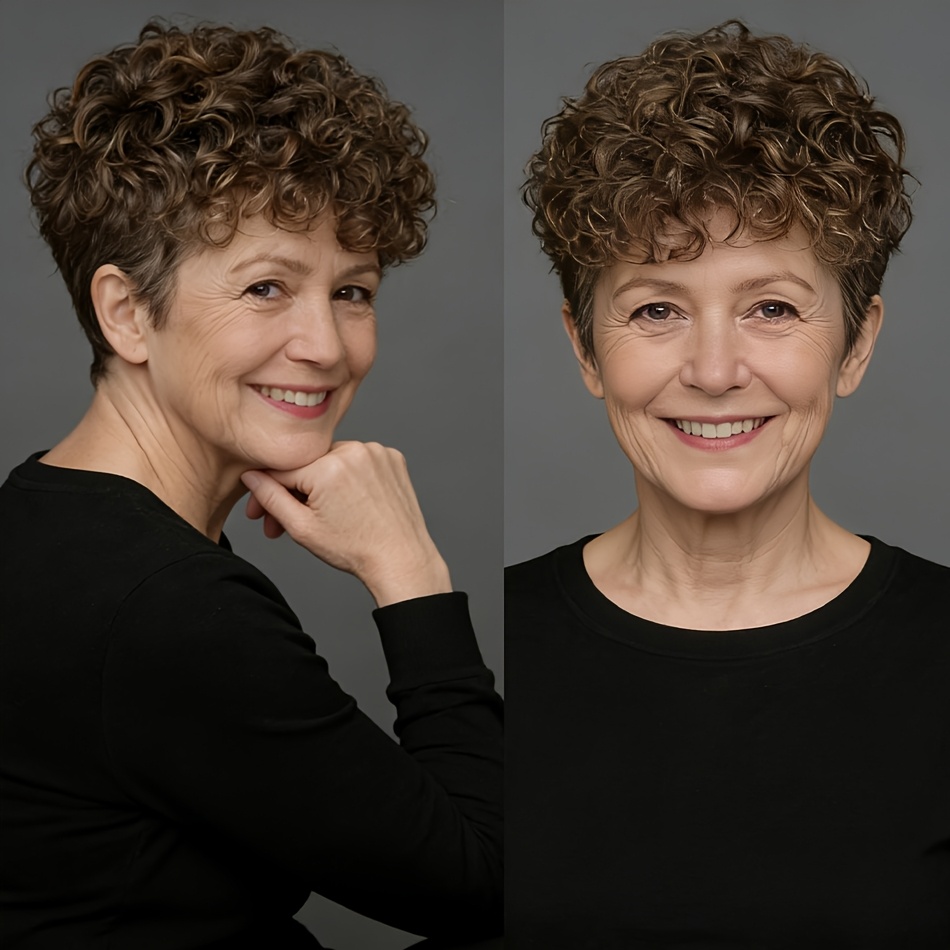 E-shop Stylische braune, lockige Cut Perücken aus echtem Haar mit einem schicken, geschichteten Frisur-Look, der natürlich aussieht. Ideal für den
