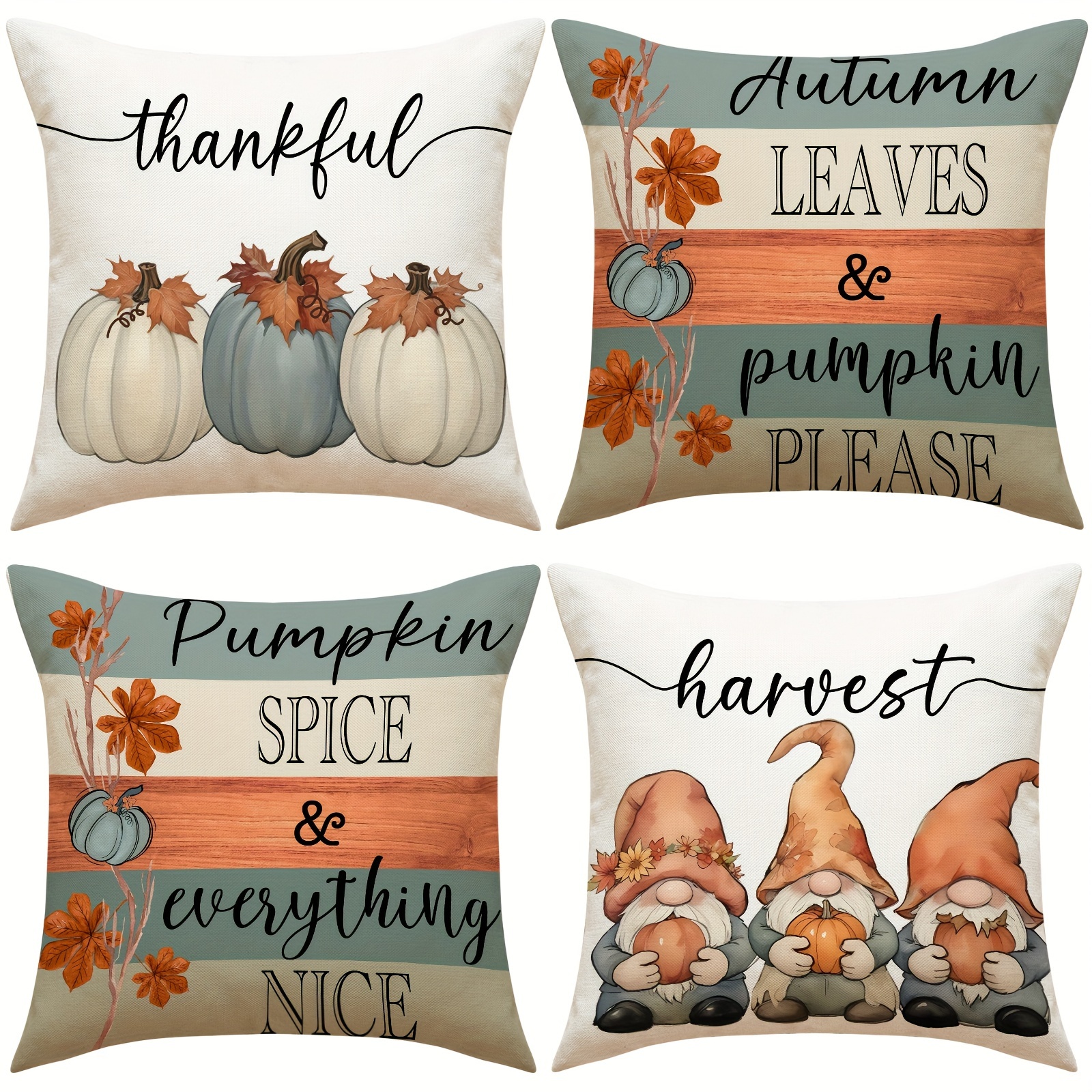 

4-pack Autumn Themed Throw Pillow Covers, Contemporary Linen Blend Cushion Cases With Zipper Closure, Machine Washable, Decorative Fall Gnome Pumpkin Maple Leaf Design For Living Room 18x18 Inches