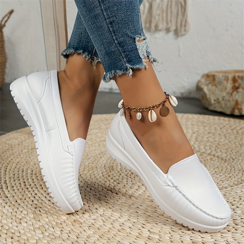 

Women's White Flat Shoes, Comfortable Round Toe Slip On Loafers, Versatile Soft Sole Flats