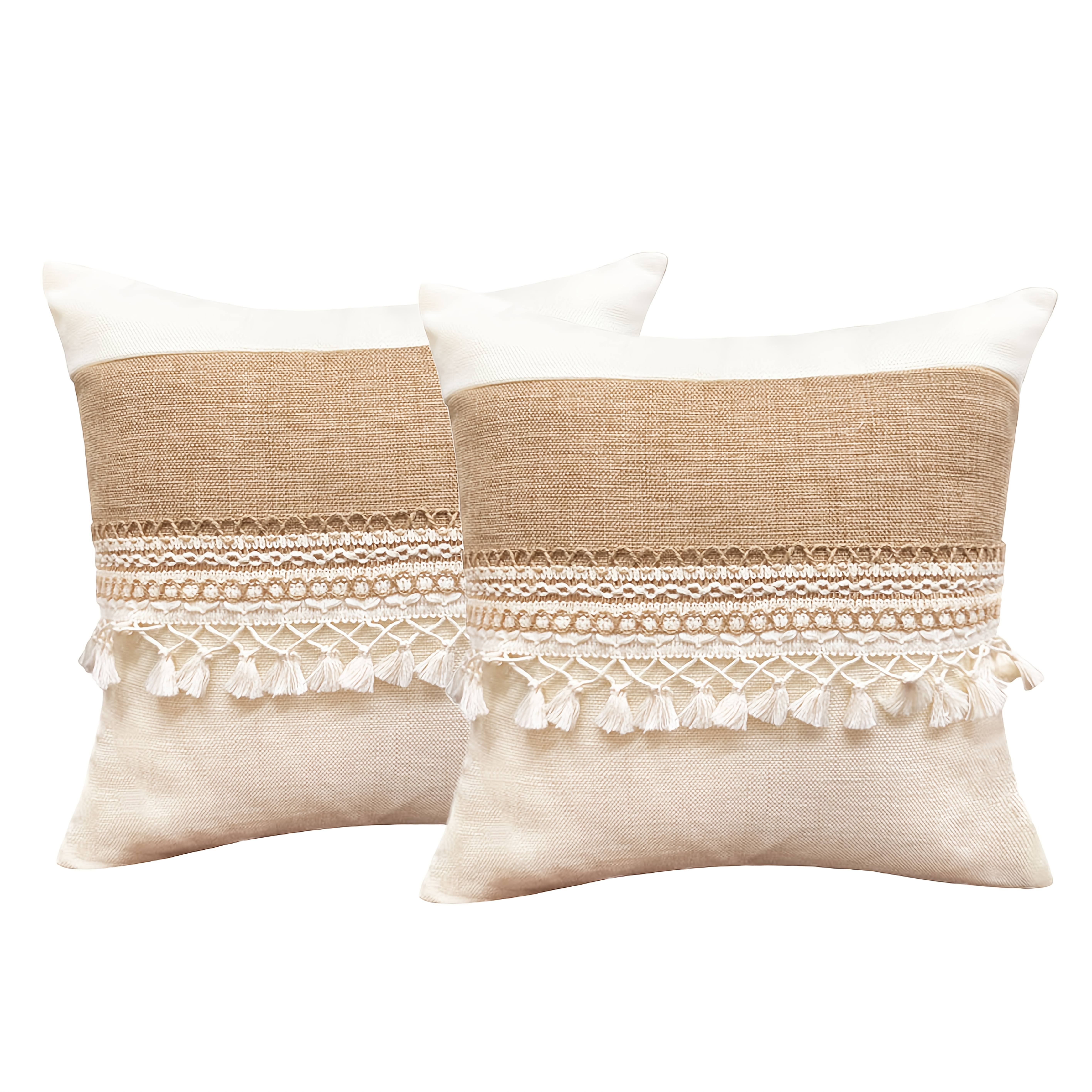 Image of 2pcs Bohemian Style Fringed Pillowcases, Beige And Khaki Farmhouse Style Textured Pillowcases, Neutral Cushion Covers, Suitable For Sofa, Bedroom, Home Decor, Pillow Inserts Not Included