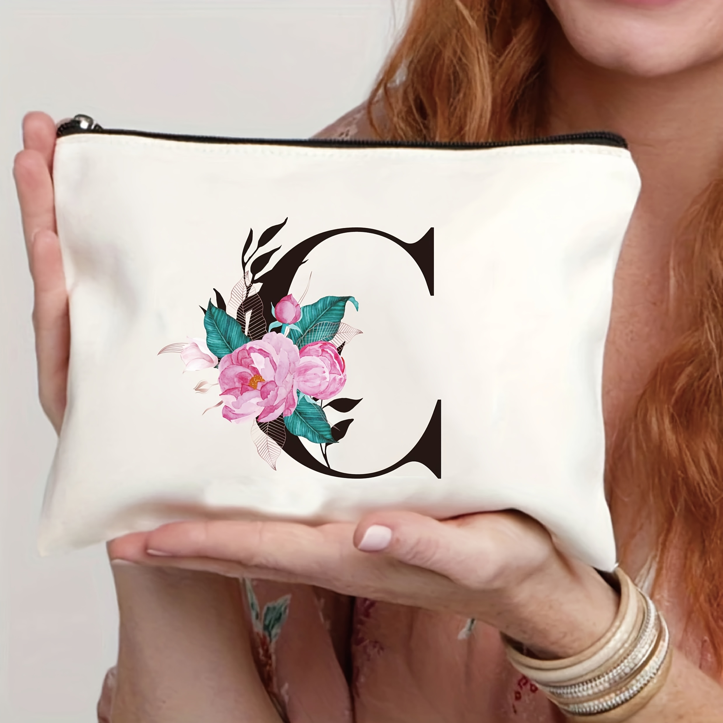 TEMU A Minimalist Floral Letter Cosmetic Bag - Polyester Makeup Case With A Zipper, Lightweight Travel Toiletry Bag Suitable For Men And Women - A