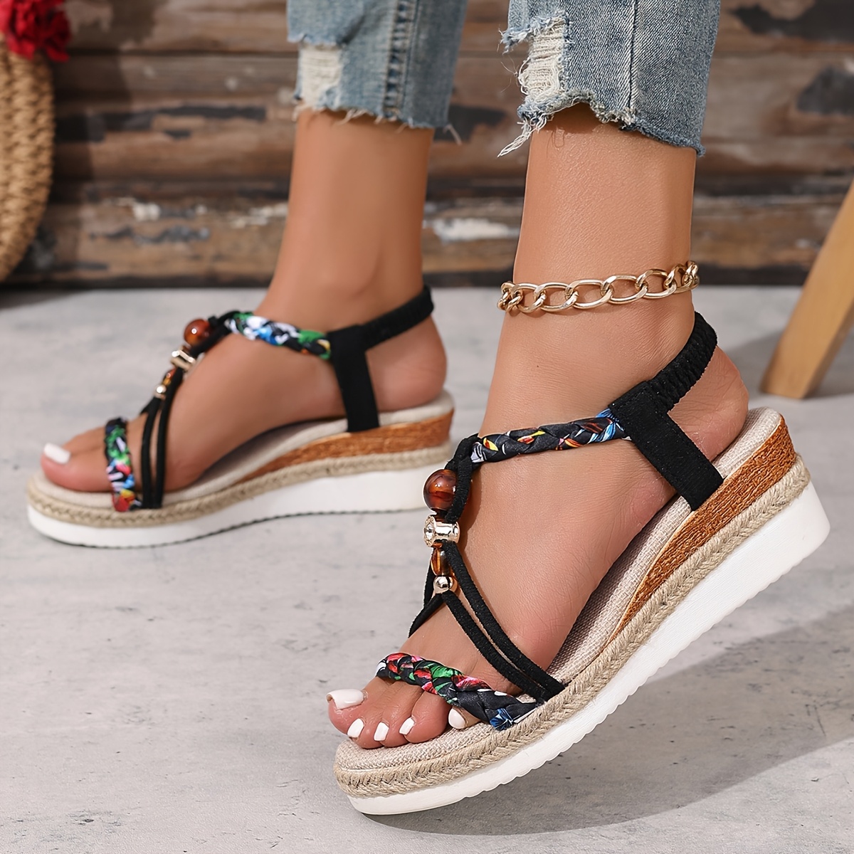 Bohemian Style Espadrille Wedge Sandals for Women - Open Toe, Ankle Strap, High Heel, Comfortable Summer Beach Shoes with Colorful Beaded Accents, Strappy Sandal